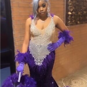 Purple and Silver Feathered Evening Gown